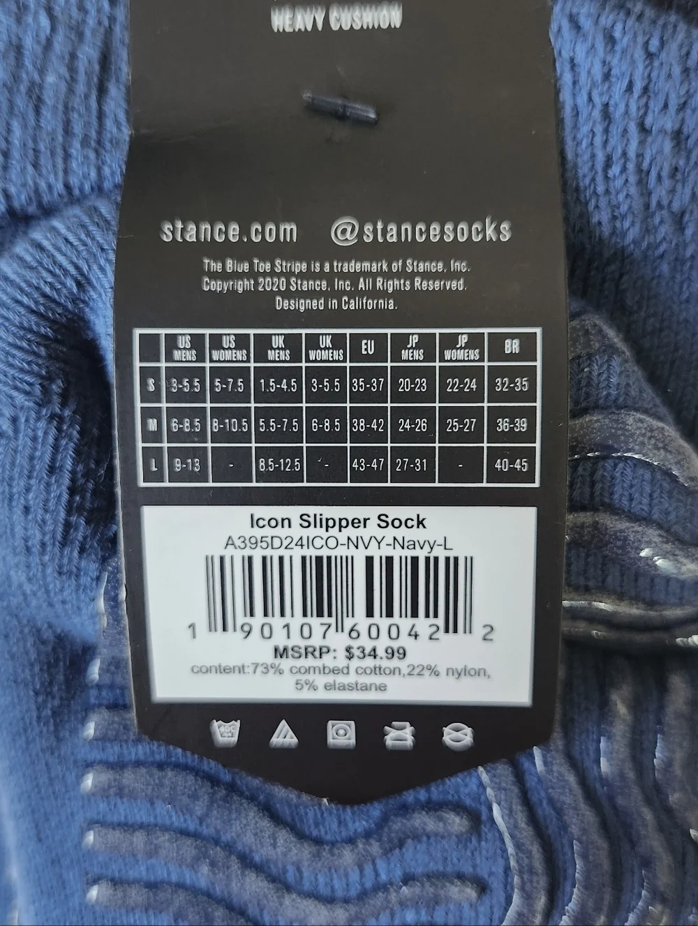 Stance Mens Large Cushioned Icon Slipper Socks Blue Shoe Size 9-13 Comfy